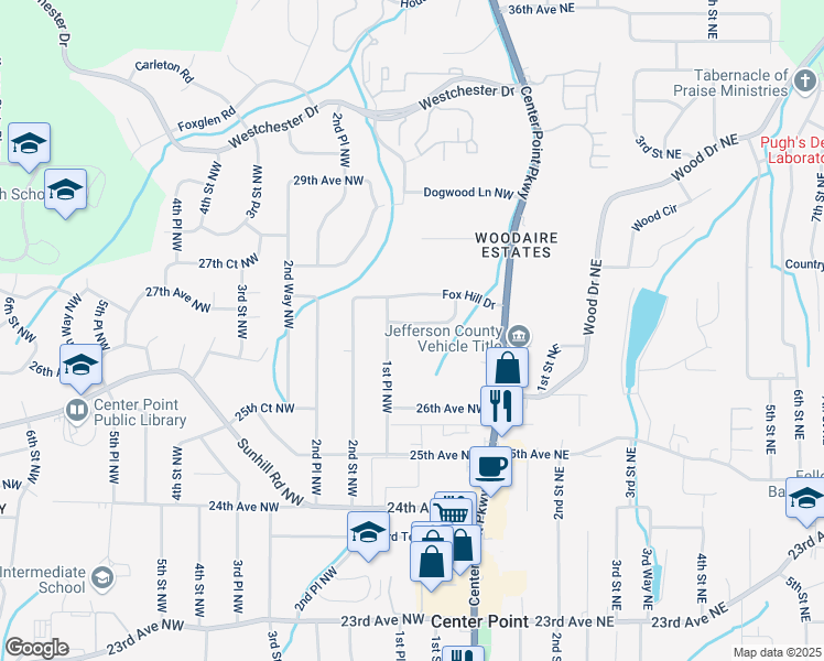 map of restaurants, bars, coffee shops, grocery stores, and more near 135 Fox Hill Court in Center Point