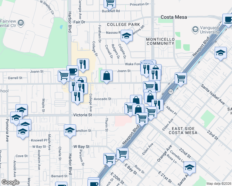 map of restaurants, bars, coffee shops, grocery stores, and more near 327 West Wilson Street in Costa Mesa