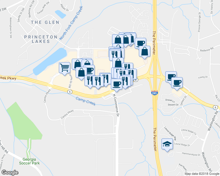 map of restaurants, bars, coffee shops, grocery stores, and more near 3585 N Commerce Dr in East Point