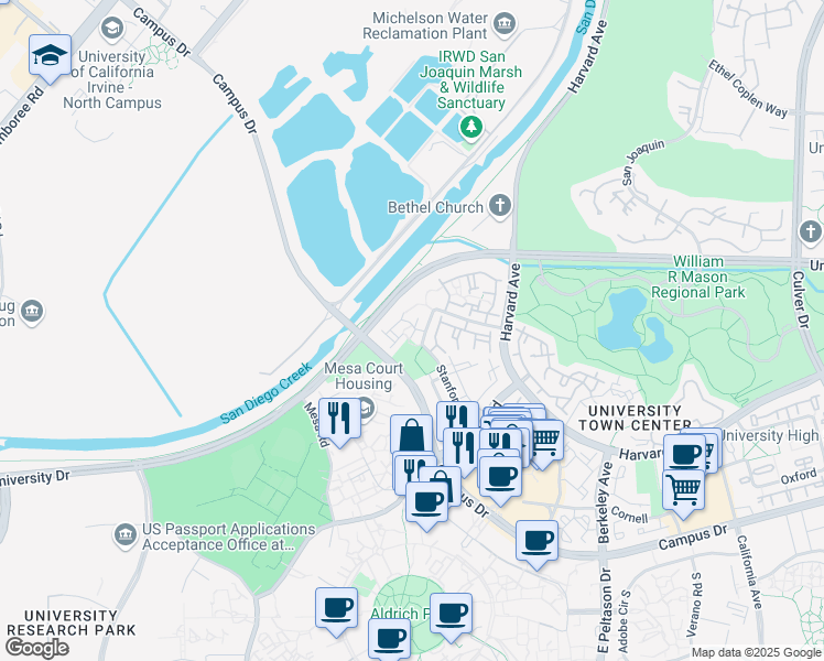 map of restaurants, bars, coffee shops, grocery stores, and more near 375 Stanford Court in Irvine