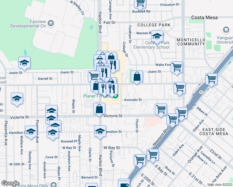 map of restaurants, bars, coffee shops, grocery stores, and more near 2290A College Avenue in Costa Mesa