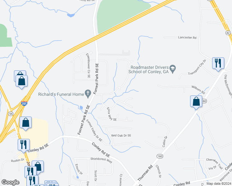 map of restaurants, bars, coffee shops, grocery stores, and more near 3534 Oakshire Way Southeast in Atlanta