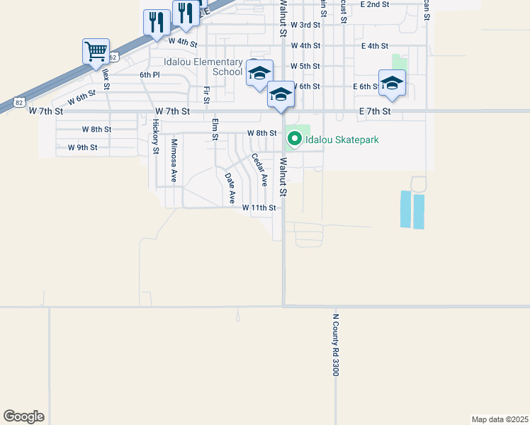 map of restaurants, bars, coffee shops, grocery stores, and more near W 11th St in Idalou