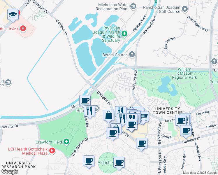 map of restaurants, bars, coffee shops, grocery stores, and more near 375 Stanford Court in Irvine
