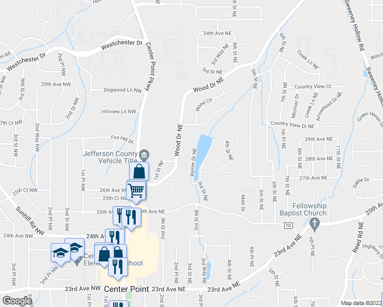 map of restaurants, bars, coffee shops, grocery stores, and more near 2616 Rainer Drive Northeast in Center Point