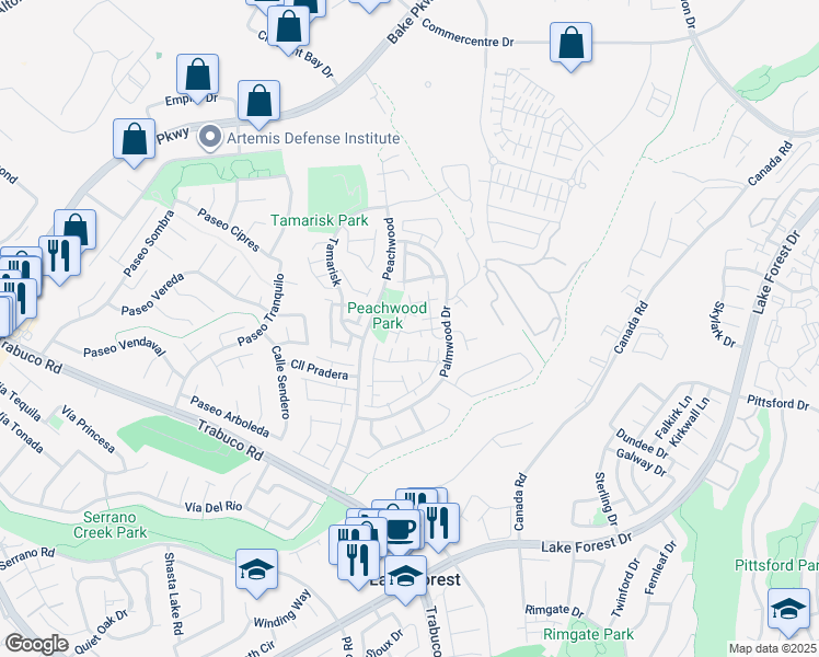 map of restaurants, bars, coffee shops, grocery stores, and more near 21216 Jasmines Way in Lake Forest