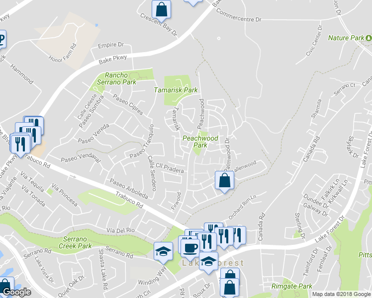 map of restaurants, bars, coffee shops, grocery stores, and more near 25302 Vista Linda in Lake Forest