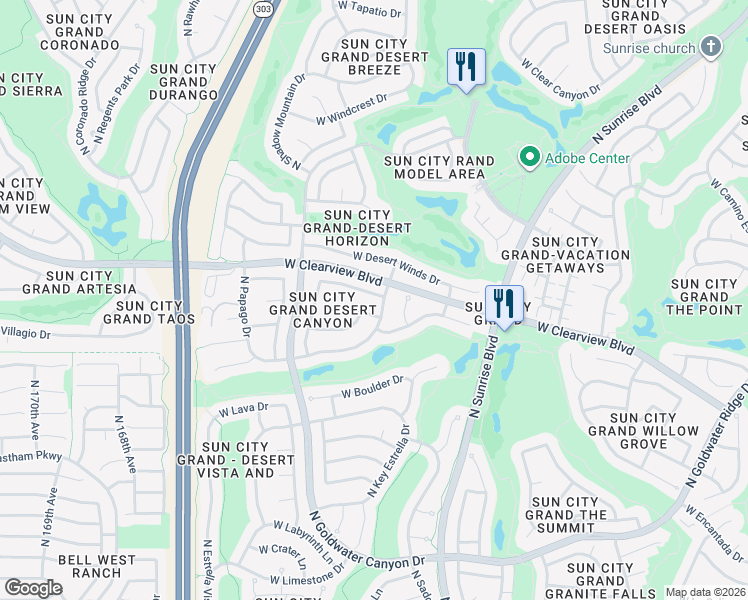 map of restaurants, bars, coffee shops, grocery stores, and more near 16213 West Desert Canyon Drive in Surprise