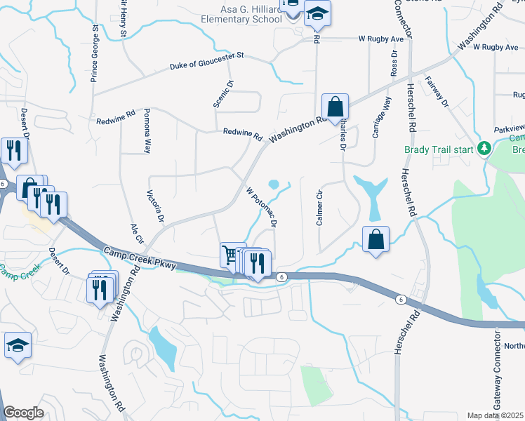 map of restaurants, bars, coffee shops, grocery stores, and more near 3661 West Potomac Drive in East Point