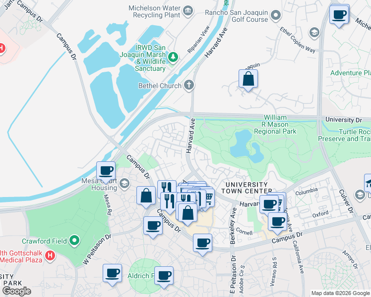 map of restaurants, bars, coffee shops, grocery stores, and more near 273 Stanford Court in Irvine