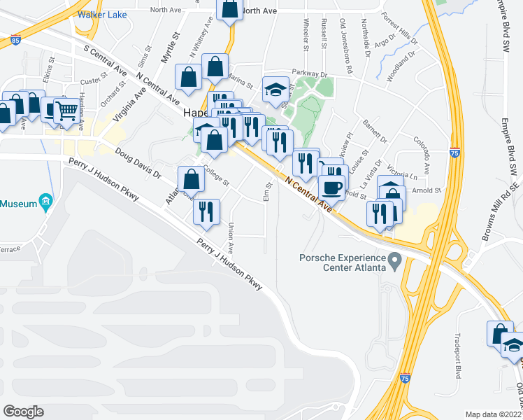 map of restaurants, bars, coffee shops, grocery stores, and more near 536 College Street in Hapeville