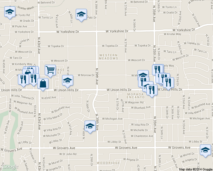 map of restaurants, bars, coffee shops, grocery stores, and more near 3824 West Union Hills Drive in Glendale