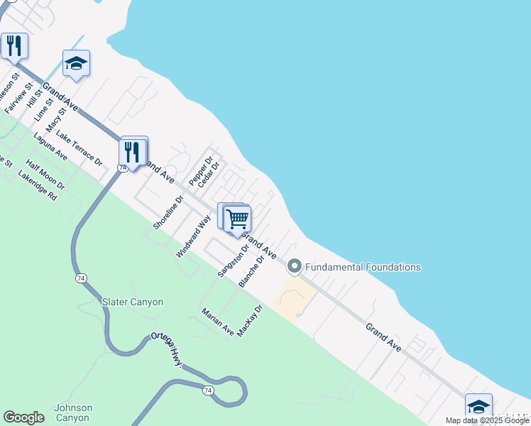 map of restaurants, bars, coffee shops, grocery stores, and more near 16038 Grand Ave in Lake Elsinore