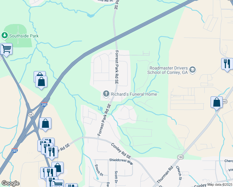 map of restaurants, bars, coffee shops, grocery stores, and more near 3501 Oakshire Way Southeast in Atlanta