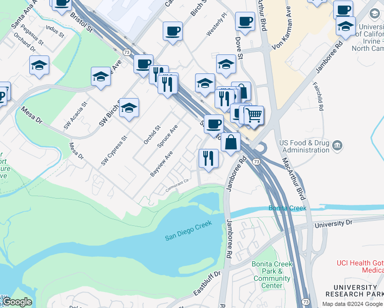 map of restaurants, bars, coffee shops, grocery stores, and more near 20 Baycrest Court in Newport Beach