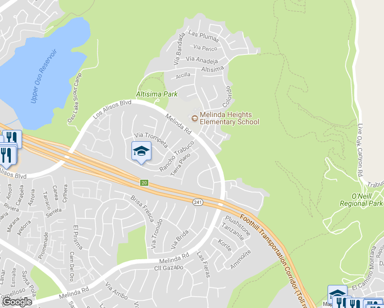 map of restaurants, bars, coffee shops, grocery stores, and more near 3 Tierra Plano in Rancho Santa Margarita