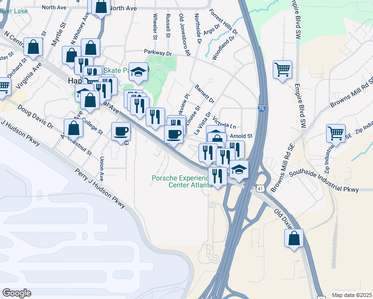 map of restaurants, bars, coffee shops, grocery stores, and more near 397 North Central Avenue in Hapeville