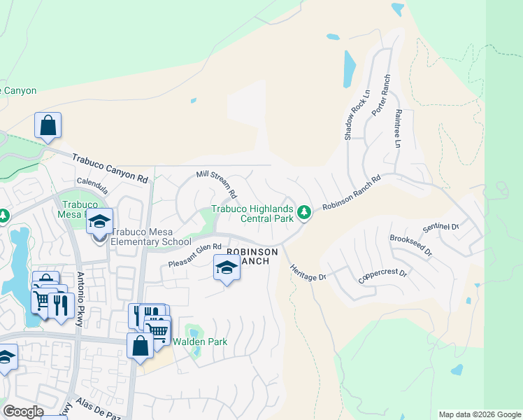map of restaurants, bars, coffee shops, grocery stores, and more near 32216 Fall River Road in Trabuco Canyon