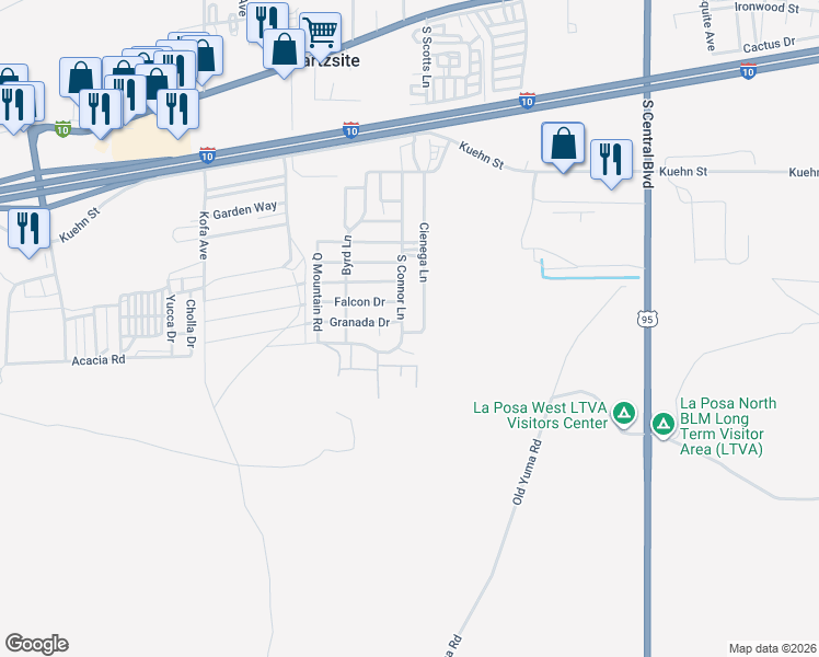 map of restaurants, bars, coffee shops, grocery stores, and more near 858-886 South Connor Lane in Quartzsite