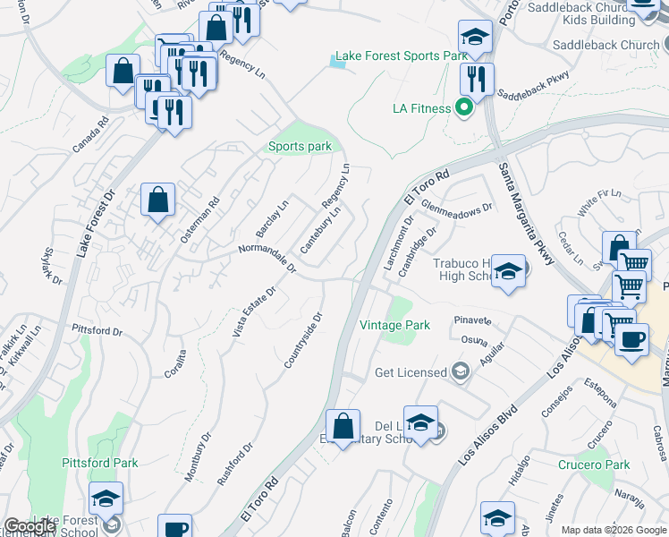 map of restaurants, bars, coffee shops, grocery stores, and more near 26912 Windemere Circle in Lake Forest