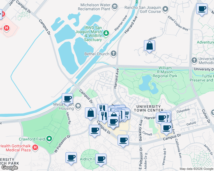 map of restaurants, bars, coffee shops, grocery stores, and more near 2 Stanford in Irvine