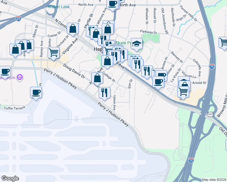 map of restaurants, bars, coffee shops, grocery stores, and more near 3643 Georgia Avenue in Hapeville