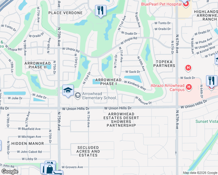 map of restaurants, bars, coffee shops, grocery stores, and more near 18813 North 71st Lane in Glendale
