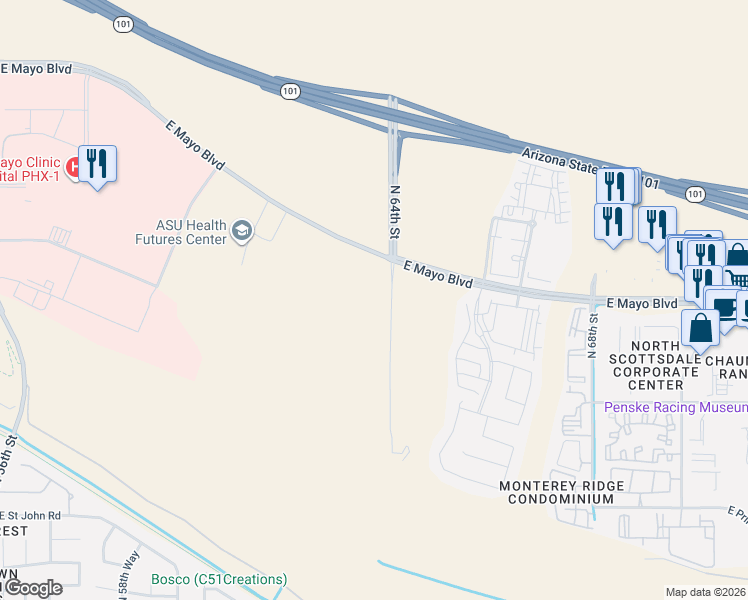 map of restaurants, bars, coffee shops, grocery stores, and more near East Mayo Boulevard in Phoenix