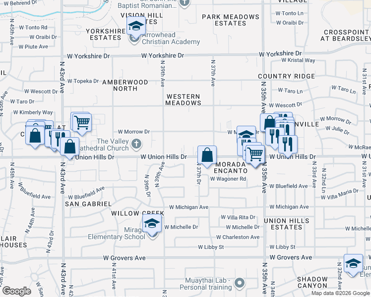 map of restaurants, bars, coffee shops, grocery stores, and more near 3824 West Union Hills Drive in Glendale
