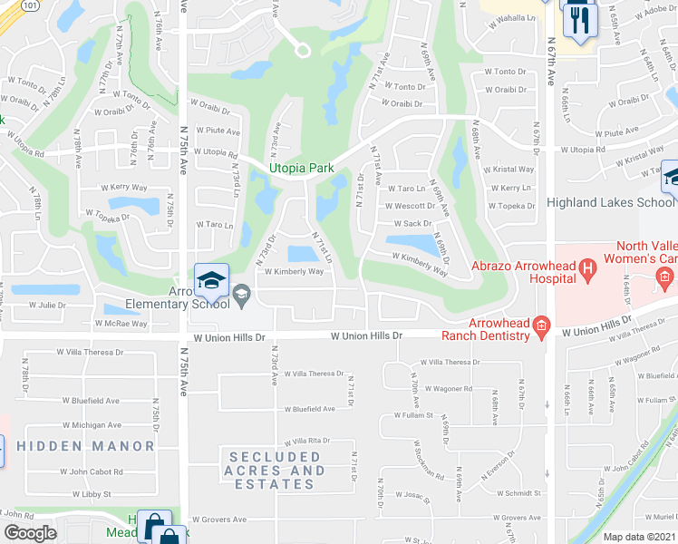 map of restaurants, bars, coffee shops, grocery stores, and more near 7168 West Kimberly Way in Glendale