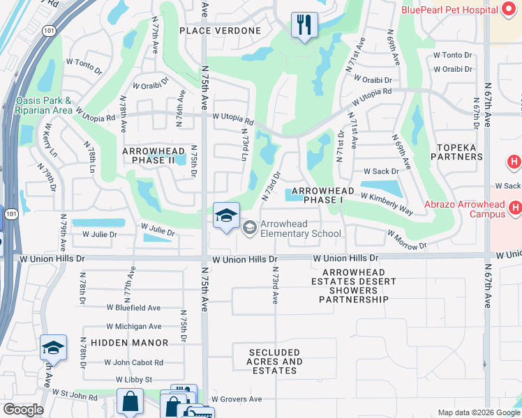 map of restaurants, bars, coffee shops, grocery stores, and more near 7240 West Kimberly Way in Glendale