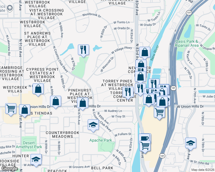 map of restaurants, bars, coffee shops, grocery stores, and more near 8450 West Rosemonte Drive in Peoria