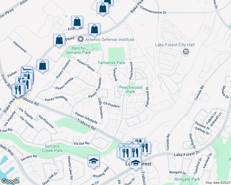 map of restaurants, bars, coffee shops, grocery stores, and more near 21182 Calle Olivia in Lake Forest