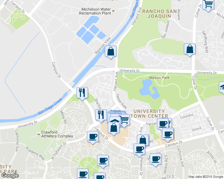 map of restaurants, bars, coffee shops, grocery stores, and more near 273 Stanford Court in Irvine