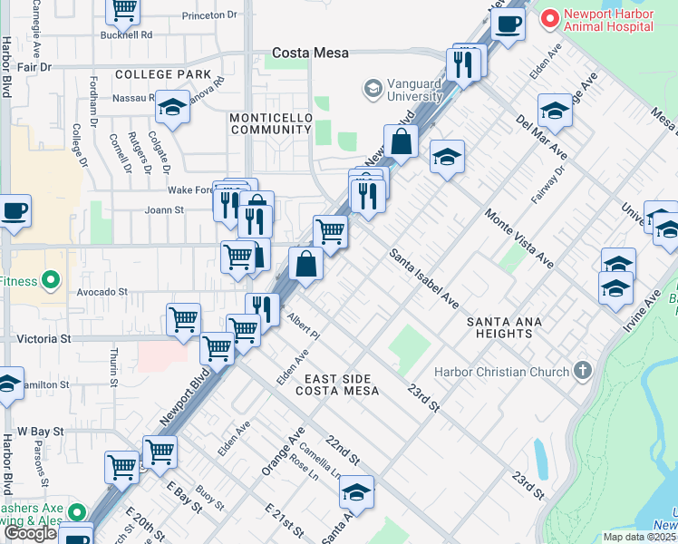 map of restaurants, bars, coffee shops, grocery stores, and more near 125 East Wilson Street in Costa Mesa
