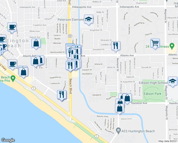 map of restaurants, bars, coffee shops, grocery stores, and more near 21136 Surfwood Lane in Huntington Beach