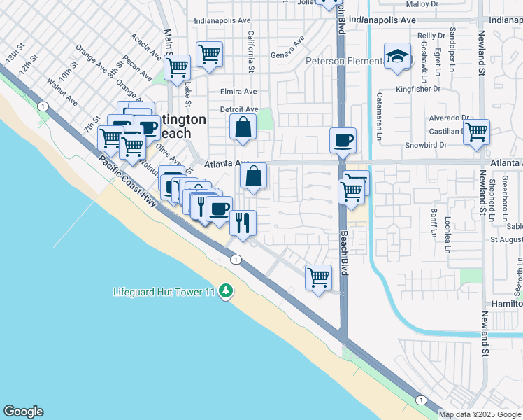 map of restaurants, bars, coffee shops, grocery stores, and more near 21135 Delaware Street in Huntington Beach