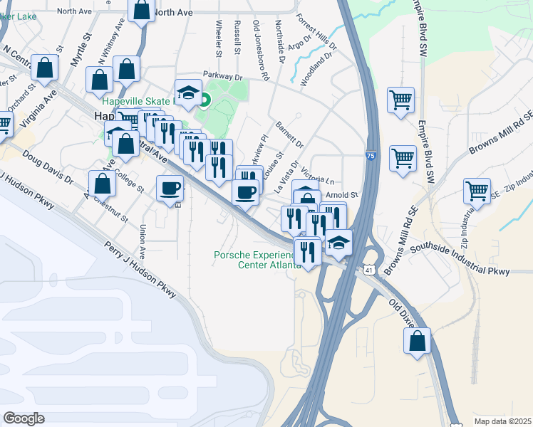 map of restaurants, bars, coffee shops, grocery stores, and more near 376 King Arnold Street in Atlanta