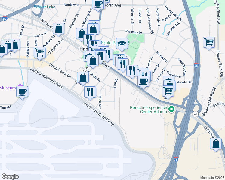 map of restaurants, bars, coffee shops, grocery stores, and more near 3562 Elm Street in Atlanta