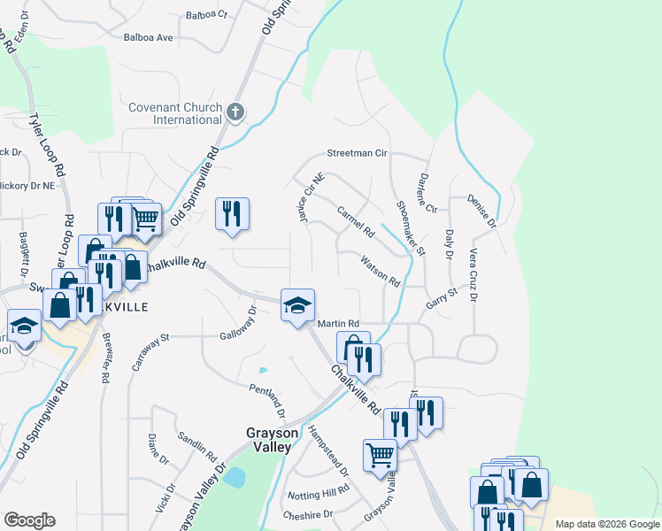 map of restaurants, bars, coffee shops, grocery stores, and more near 2539 Janice Circle Northeast in Birmingham