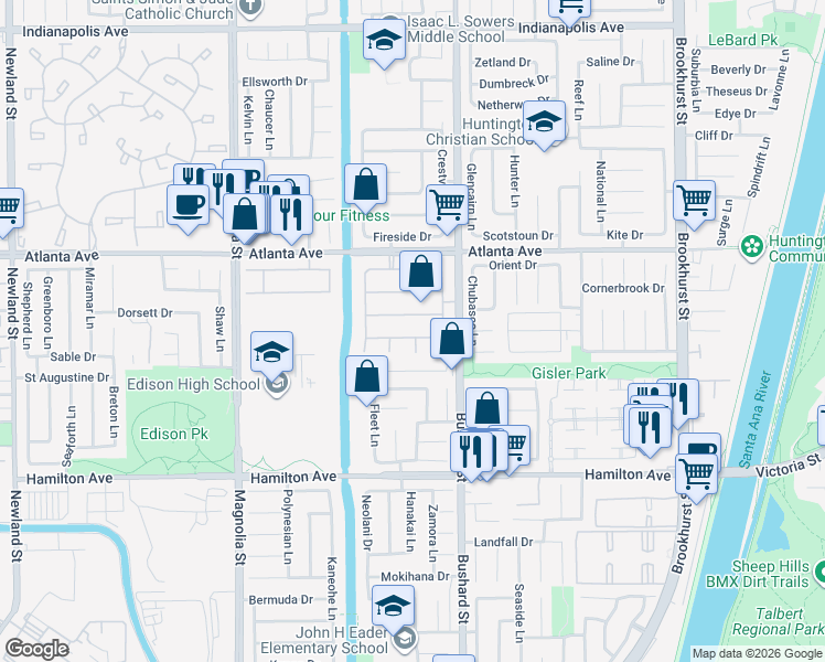 map of restaurants, bars, coffee shops, grocery stores, and more near 9362 Power Drive in Huntington Beach