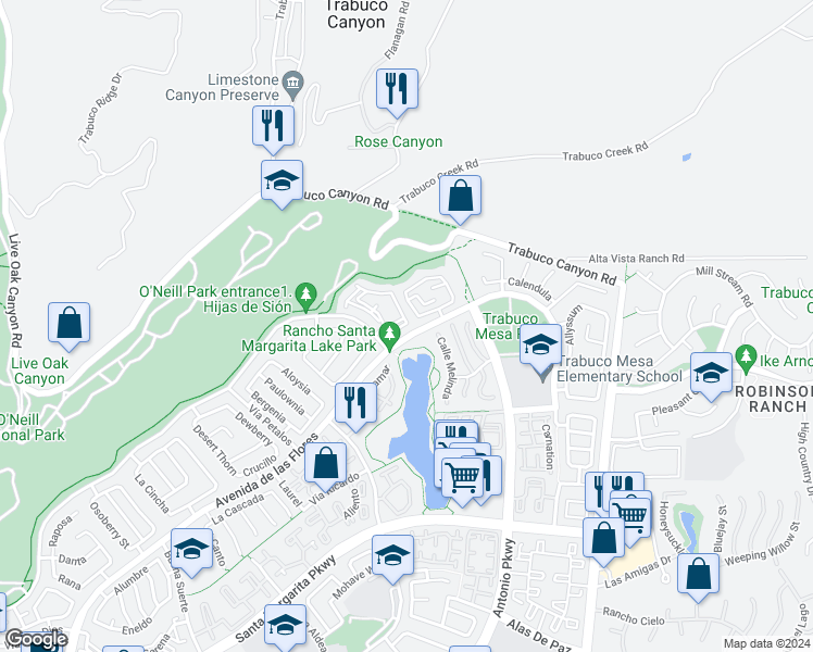 map of restaurants, bars, coffee shops, grocery stores, and more near 46 Celosia in Rancho Santa Margarita