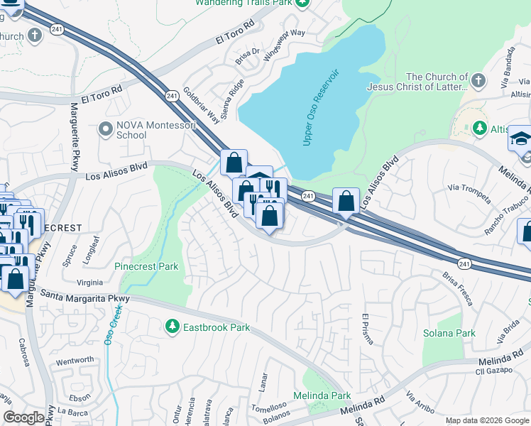 map of restaurants, bars, coffee shops, grocery stores, and more near 123 Hideaway Loop in Mission Viejo