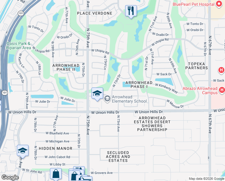 map of restaurants, bars, coffee shops, grocery stores, and more near 7240 West Kimberly Way in Glendale