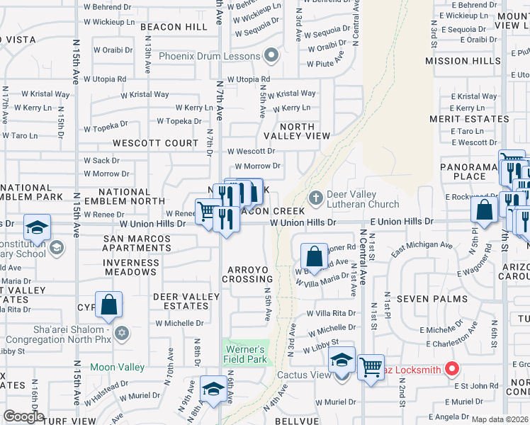 map of restaurants, bars, coffee shops, grocery stores, and more near 424 West Renee Drive in Phoenix