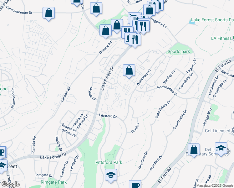 map of restaurants, bars, coffee shops, grocery stores, and more near 21101 Newcastle in Lake Forest