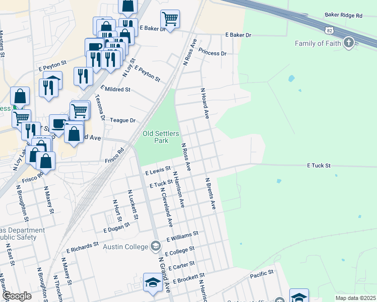 map of restaurants, bars, coffee shops, grocery stores, and more near 1603 North Ross Avenue in Sherman
