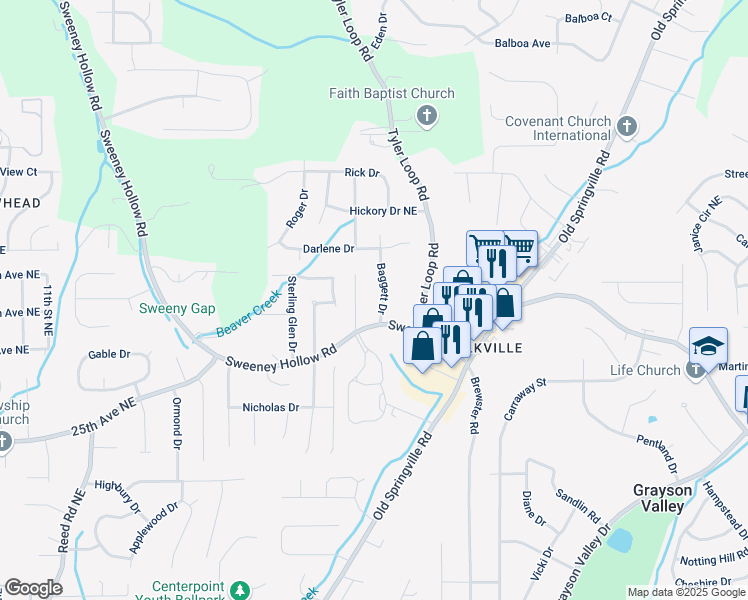 map of restaurants, bars, coffee shops, grocery stores, and more near 5230 Baggett Drive in Pinson