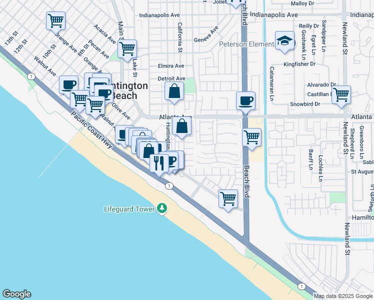 map of restaurants, bars, coffee shops, grocery stores, and more near 21135 Delaware Street in Huntington Beach
