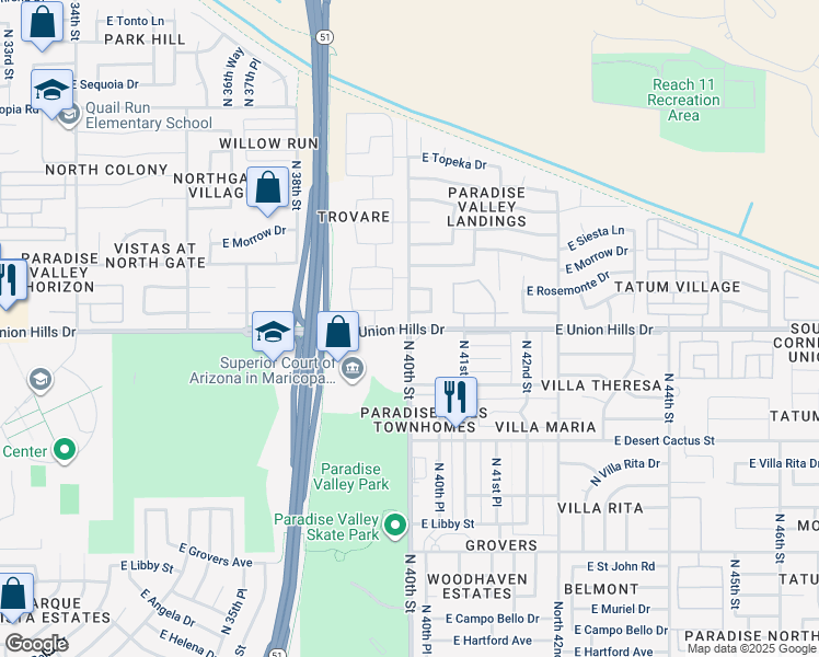 map of restaurants, bars, coffee shops, grocery stores, and more near N 40th St & E Union Hills Dr in Phoenix